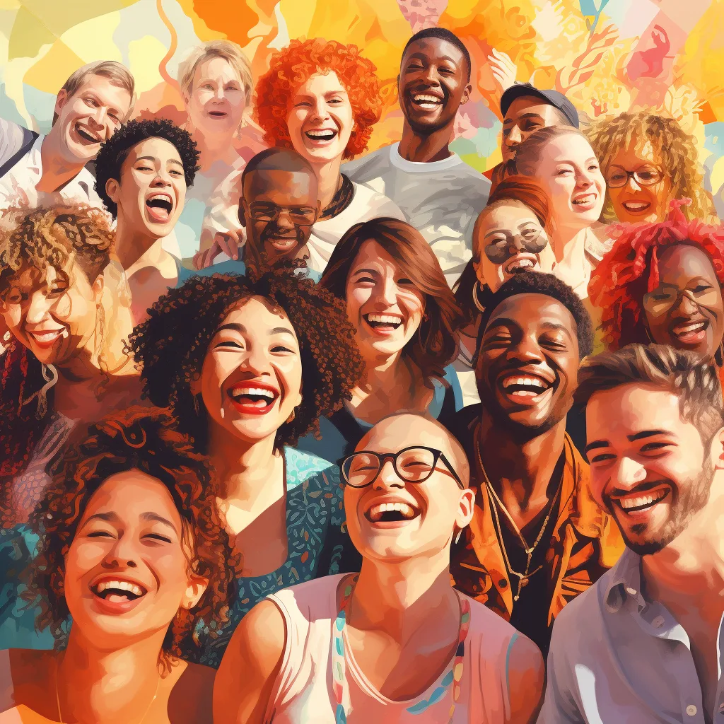 A crowd of people from many backgrounds, laughing together